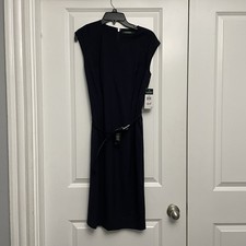 NWT Ralph Lauren Navy Blue Sleeveless Woman Dress SZ 4 Belt ,Polyester/Viscose