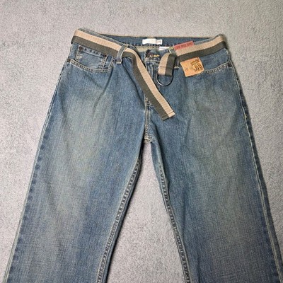 Route 66 Mens 34x32 Low Rise Bootcut Jeans Blue Denim with Striped Belt