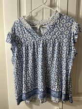 Lucky Brand Womens 1X Floral Boho V-Neck Short Sleeve Blouse Blue White