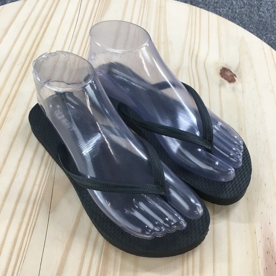 Sandalias antiguas azul marino para mujer 6 chanclas negras puntera cómoda informal correa en T planas Foto 3 de 4
