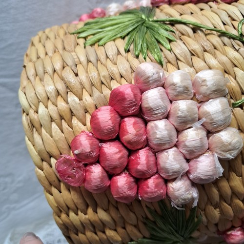 Vintage Floral Fruit Grapes Hand Woven Raffia Waste Basket Pink Vinyl Liner - Picture 9 of 12