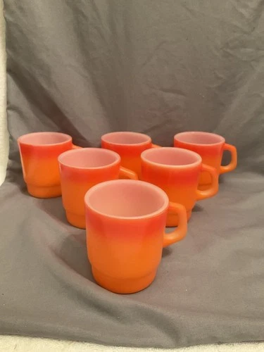 6 Vtg Anchor Hocking Fire King Orange-Red Fade Stacking Glass Coffee Cup Mug Set