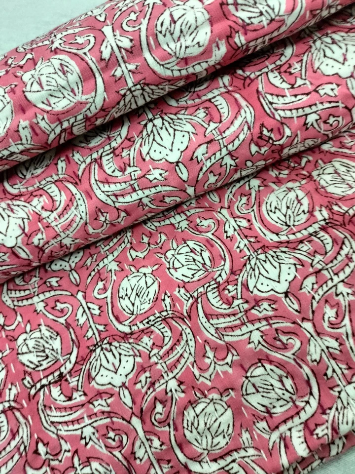 Indian Pink White Floral Kantha Quilt,Blanket Cotton King Size Bedspread Throw - Image 2 of 4