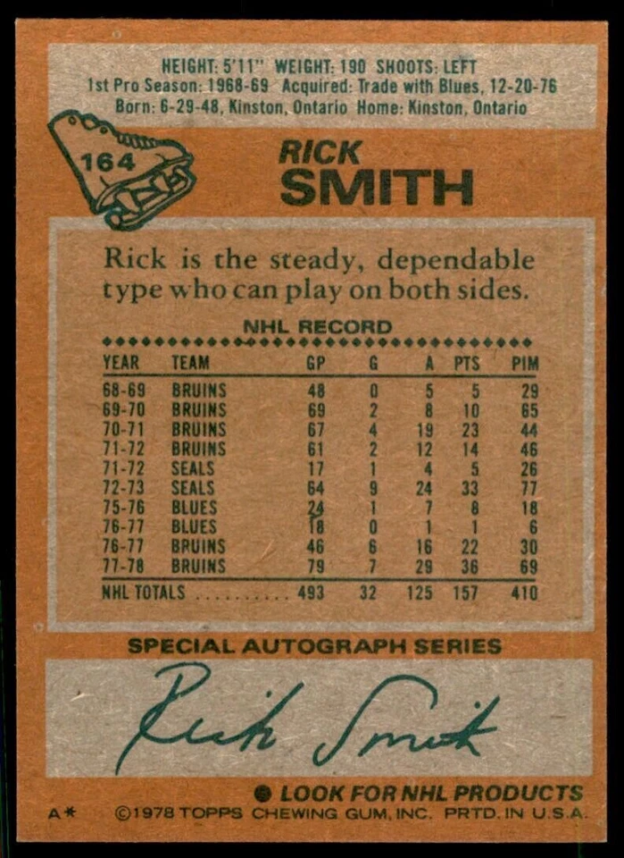 1978-79 Topps Hockey Card Rick Smith Boston Bruins #164 - Image 2 of 2