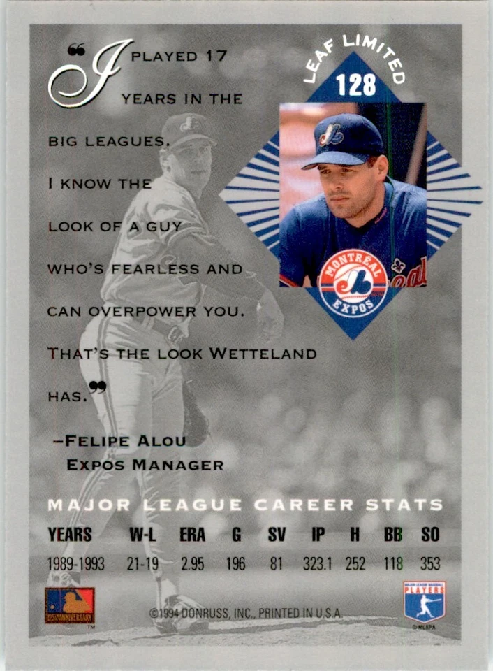 1994 LEAF LIMITED JOHN WETTELAND MONTREAL EXPOS #128 - Image 2 of 2
