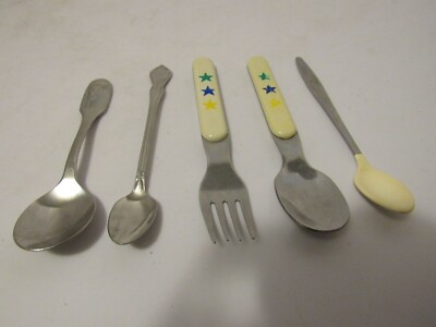 Vintage 5-Piece Stainless Steel Kids Infants Slverware Flatware 4 Spoons 1 Fork