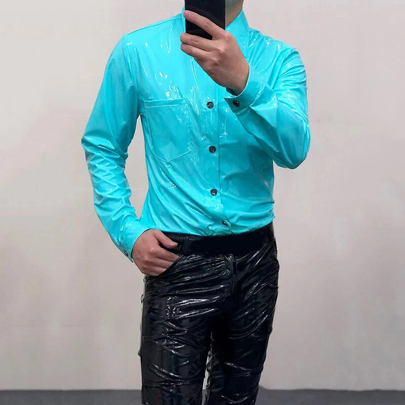 Men Shiny Faux Leather Shirt Long Sleeve Tops Blouse Party Showman Costume - Image 2 of 4