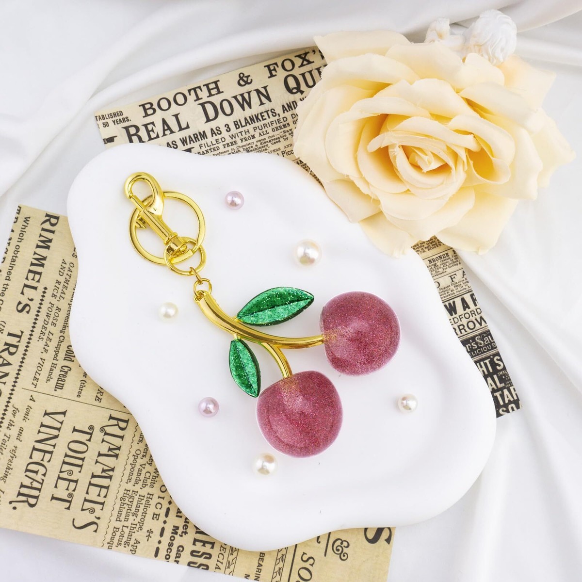 ICHRATI Velvet Cherry Bag Charm & Keychain - Gold Plated, Cute Purse Accessory For Women, Gift Ready
