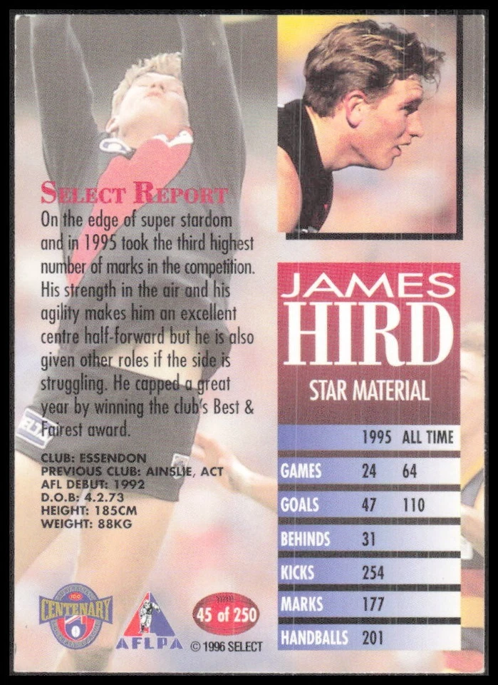 AFL 1996 Select Centenary Essendon James Hird 45/250 Football Sport CB-1-1-B-17 - image 2 of 4