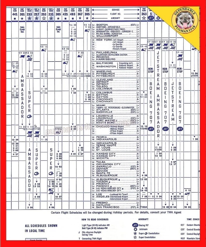 Horario de aerolíneas TWA AIRLINES 1959... Casi como nuevo más postal TWA 707 Foto 3 de 4