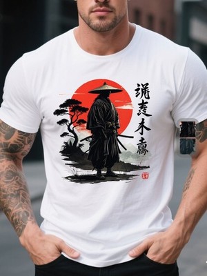 Anime Samurai Warrior Red Sun Graphic T-Shirt Japanese Manga Tee