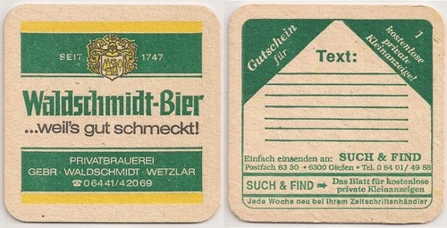 Waldschmidt beer, Wetzlar - old beer mat "voucher for classified ad"