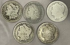 Lot of 5 Morgan Dollars 90% Silver Circulated 1879, 1885, 1886-O; 1887-O; 1890-O
