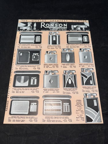 Vintage RONSON Lighters Print Ad Paper Ad in Color with Prices double sided