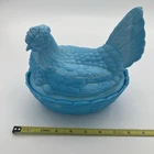 Vintage  Light Blue Milk Glass Hen On Nest Covered Lidded Tall Marked H