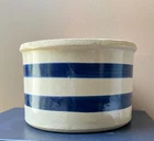 VTG Robinson Ransbottom Pottery Co. Roseville crock. Ivory w-blue stripe 4x6".