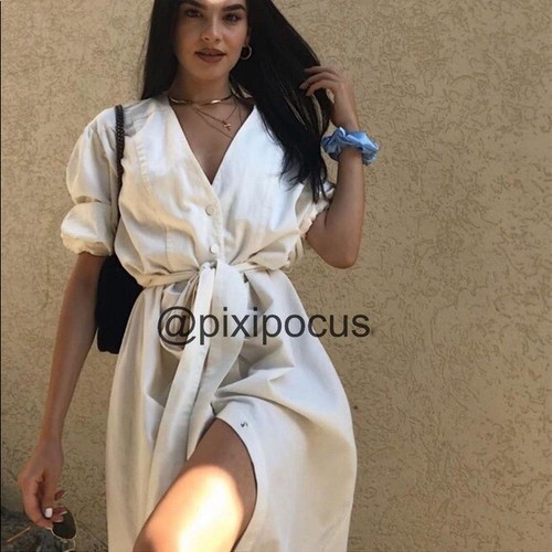 ZARA NEW WOMAN LINEN RUSTIC MIDI SHIRT DRESS BELTED V-NECK WHITE XS-XXL 9479/247 - Picture 4 of 12