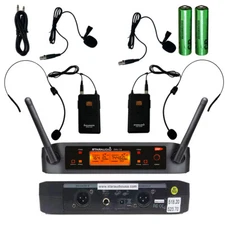 Wireless Microphone System 2 Channel UHF Audio Headset Lavalier Bodypack Mic KTV