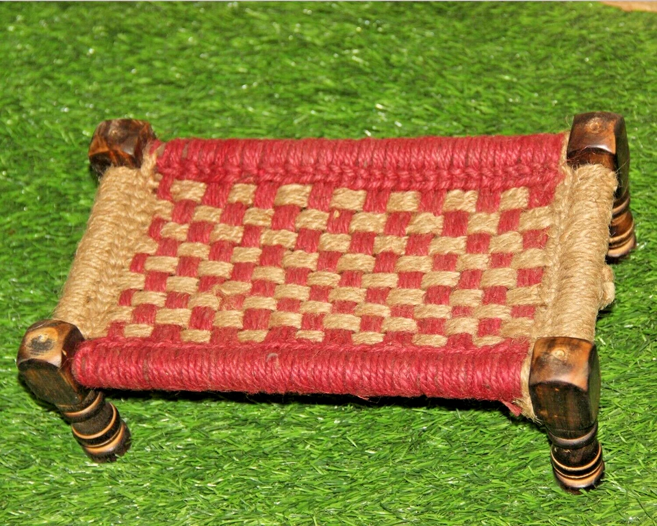 Vintage Colorful Wooden & Jute Rope Charpai Khat Sitting Stool Handmade Original - Image 4 of 4