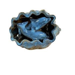 Pottery Dolphin Votive Candle Holder Blue Tealight Seashell Beach Conch Shell