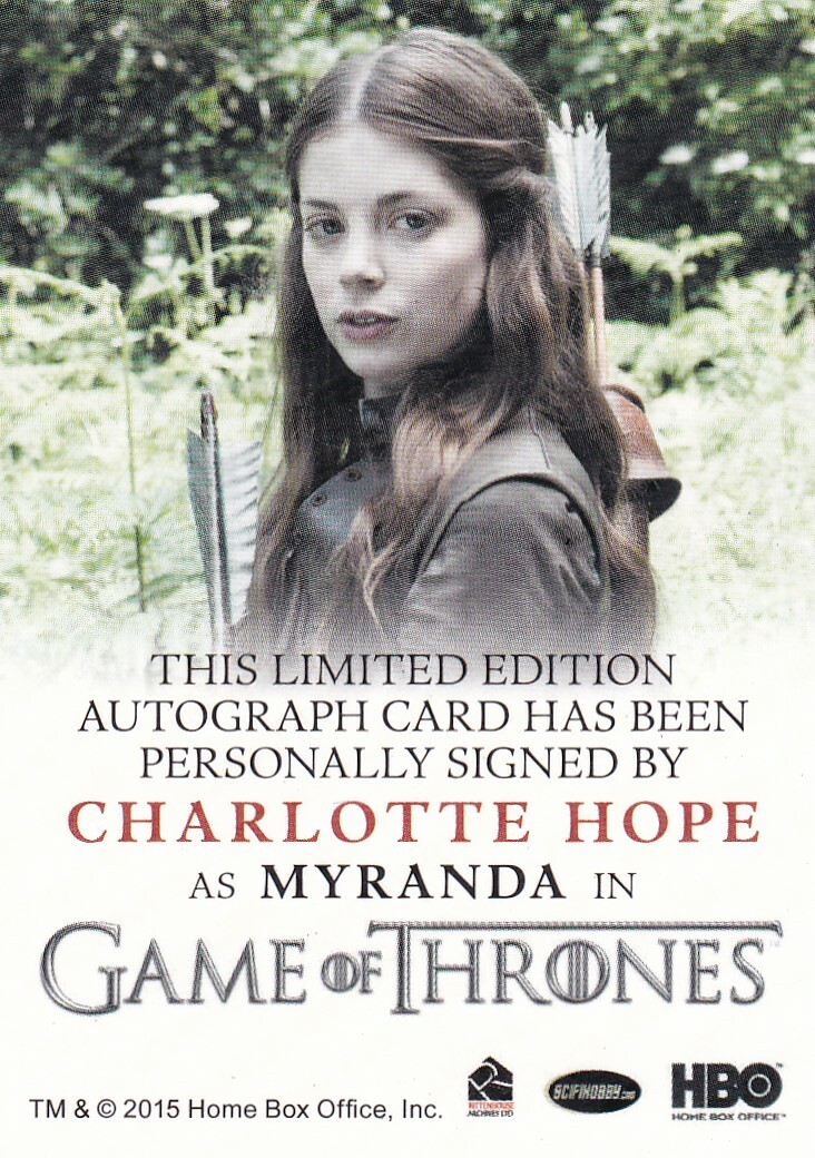 Game of Thrones Full Bleed Autograph Card signed by Charlotte Hope