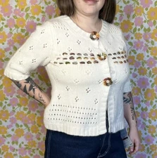 Anthropologie Field & Flower Ivory Wool Angora Button Cardigan Sweater Sz Large