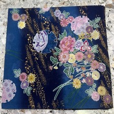 ART VINTAGE JAPAN BLOOMING BLUE FLORA HANKY WOMAN POCKET SQUARE COTTON 17" W116