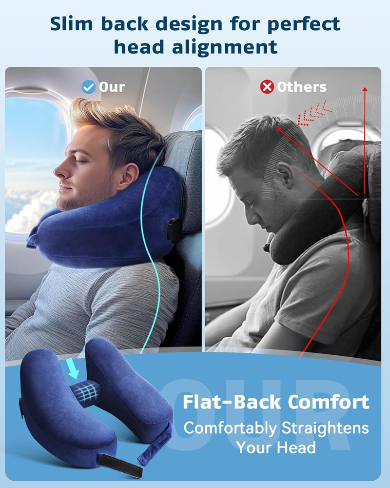 Inflatable Travel Neck Pillow with Soft Velvet Cover for Airplane Comfort
