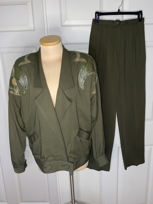 Moza New York Womens Olive Green 2 Piece Blazer and Pants Outfit Set