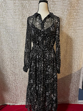 Simply Vera Vera Wang Black White Floral Chiffon Shirt Midi Dress Long Sleeve M