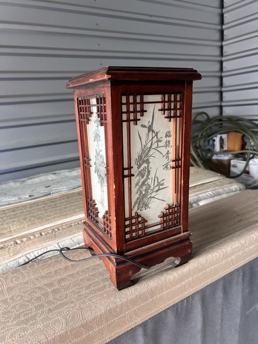 Japanese Wooden Table Lantern Electric Painted Panels Handmade Asian Art