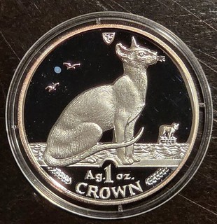 ISLE OF MAN 1992 SIAMESE CAT 1 CROWN .999 1OZ SILVER PROOF IN CAPSULE MILK SPOT