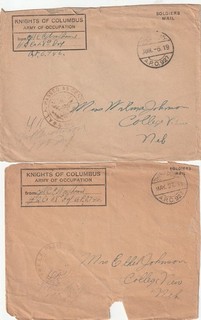 WW I Army Occupation 2 Covers Knights of Columbus p/m APO 927 return APO 746