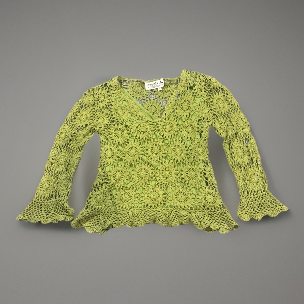 Y2K Joseph A. crocheted long-sleeved top Green Silk Fashion Paris Size Small