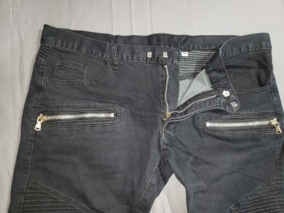 Balmain Paris Biker Jeans 40x32 Black Moto Denim Ribbed Knees Zip Pockets  - Image 3 of 4