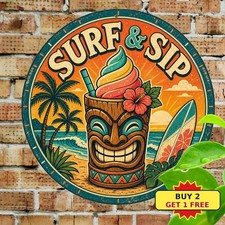 Tiki Bar Tropical Beach Surfboard Cartoon Round Tin Sign Summer Party Decor