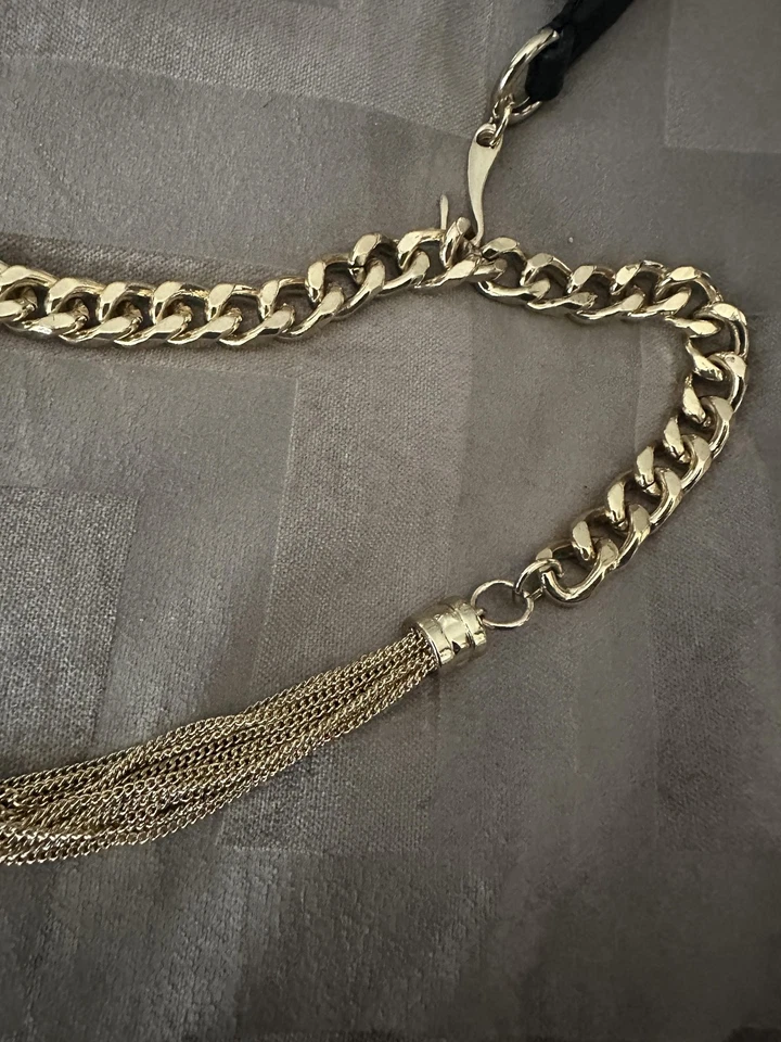 Express Belt Womens Small/Medium Black Gold Chain Tassel Leather ID#13330 - Image 3 of 4