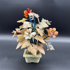Vtg Chinese Carved Jade Agate Bonsai Flower Tree Sculpture Figurine 9 inch