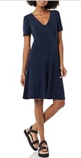 NWT Women’s Amazon Essentials Dress. Navy Blue Short Sleeve V Neck Stretchy XS
