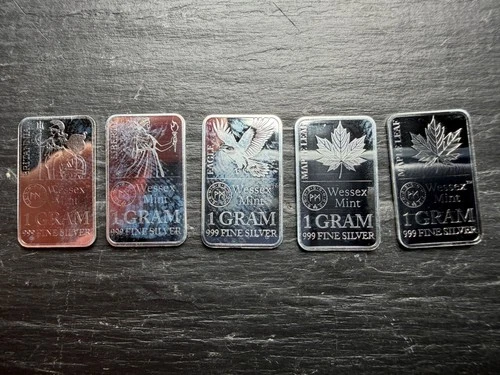 5g in total Fine Silver .999 Assorted 1 gram Bars Job Lot mixed Wessex Mint