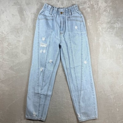 Easel Los Angeles Distressed Denim Jogger Jeans Paperbag Waist Light Wash Size M