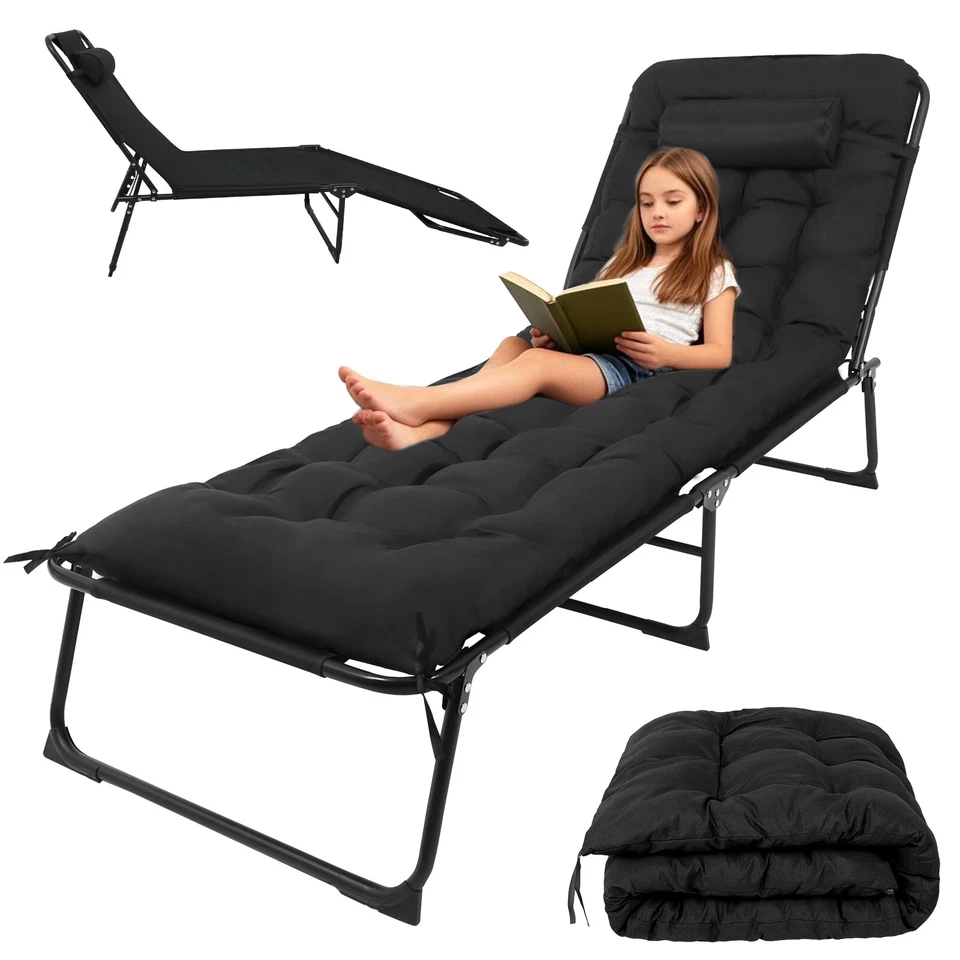 176cm Sonnenliege klappbar Gartenliege Strandliege mit Kissen Schwarz - Bild 3 von 4