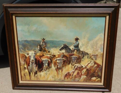 Fred Tuch western artist, oil painting Cowboys/horses/ cattle
