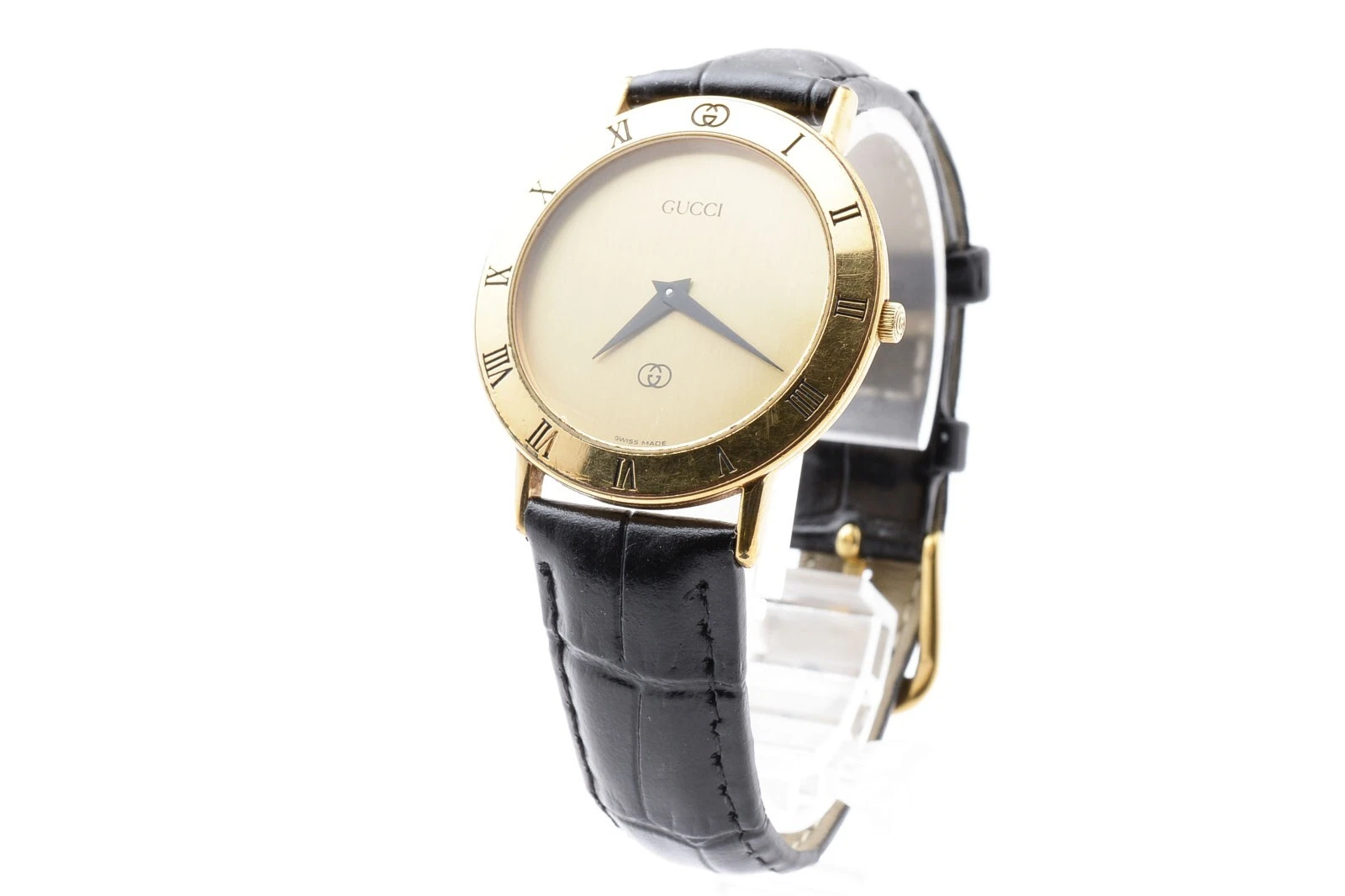 [EXC+5] GUCCI 3000M cadran doré quartz analogique acier inoxydable cuir noir montre pour homme