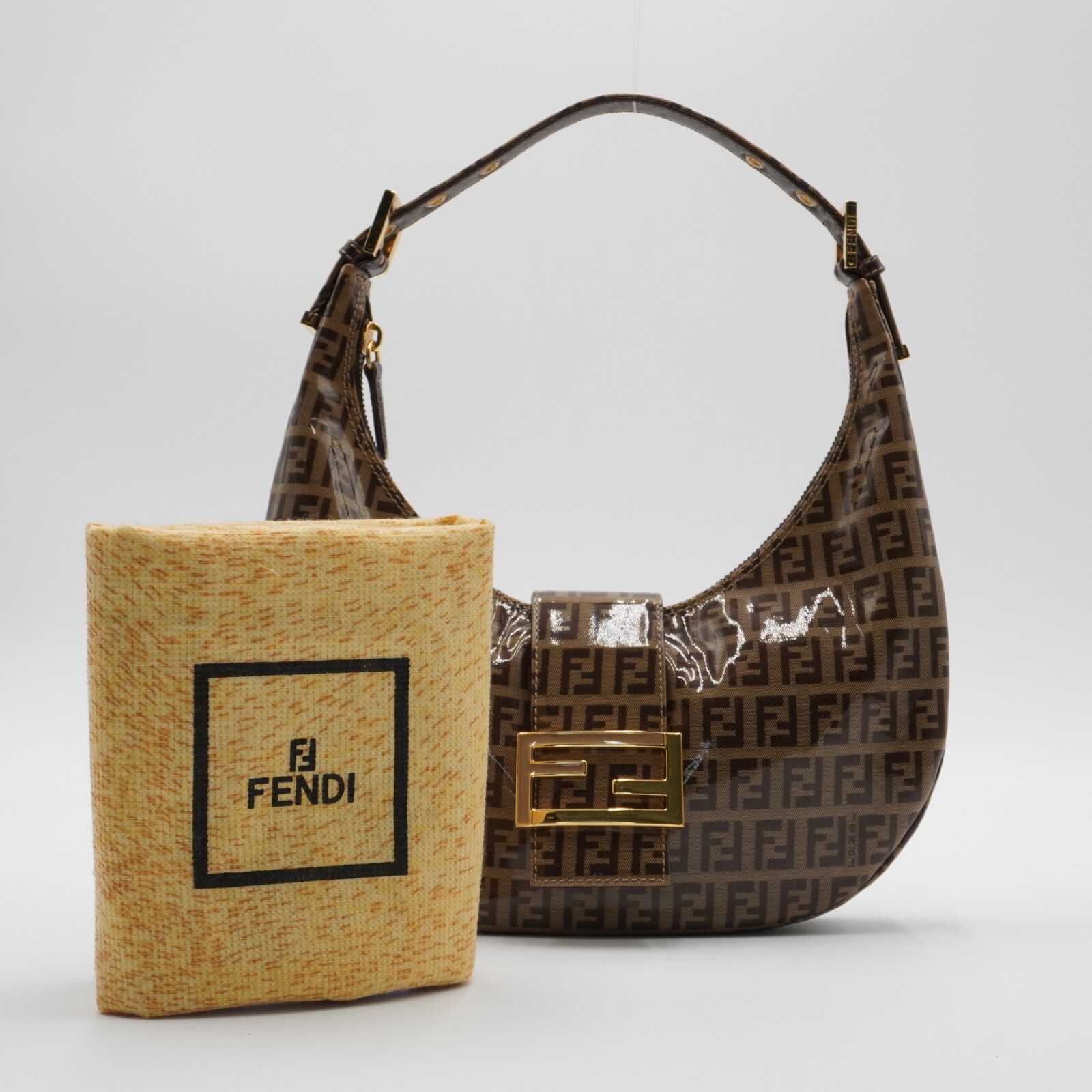 FENDI Zucchino Croissant Small Brown Vinyl Shoulder Bag with Gold Hardware Pre-Owned