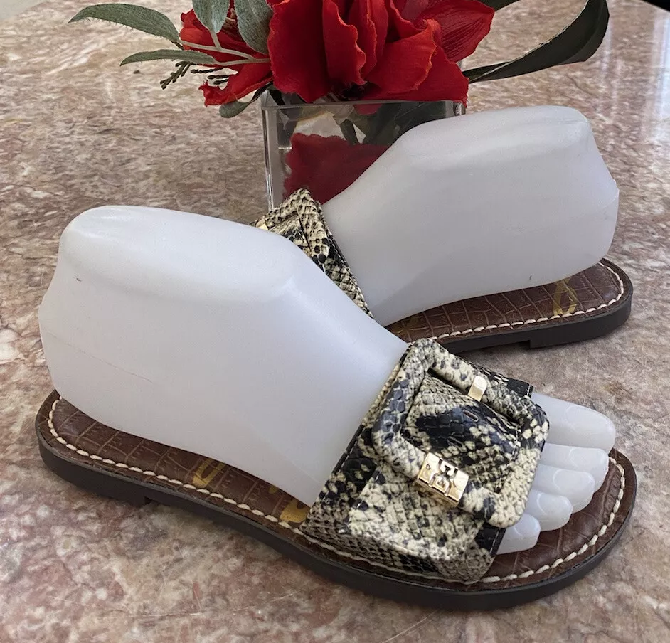 New Sam Edelman Granada Snake Print Leather Buckle Slide Sandals