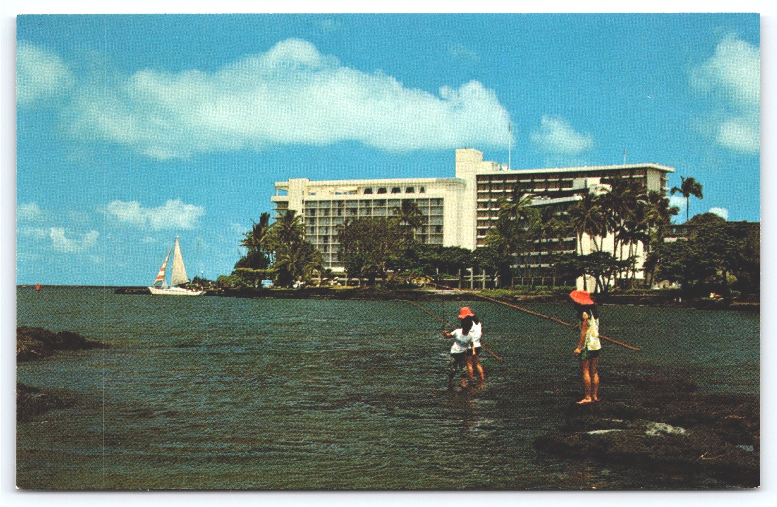 HI Hilo, Naniloa Surf Resort, Sailboat, People Fishing, Hilo Bay