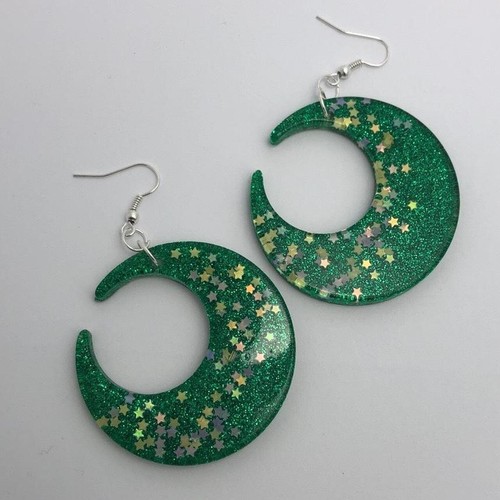 Large crescent moon earrings, Star Glitte , Acrylic Earrings - Picture 8 of 60