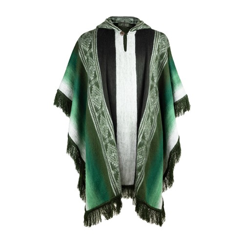 Lightweight BABY ALPACA Wool Hooded Fringed Poncho Pullover UNISEX GREEN - Picture 2 of 10