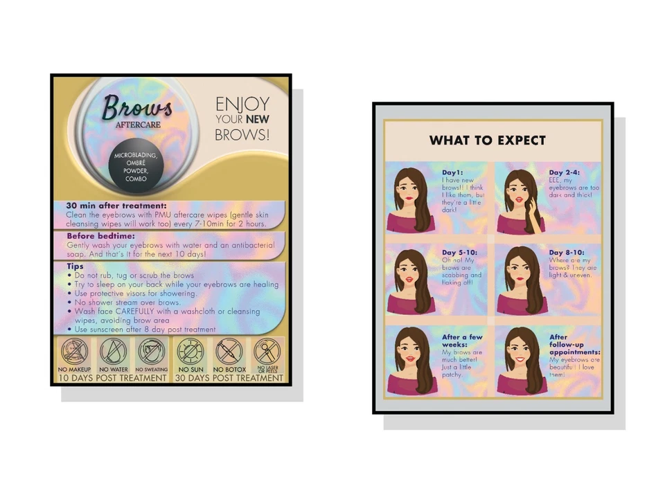 BRAWNA 50 Pck Microblading Aftercare Cards - PMU Supplies Kit - Ombré Eyebrow Tattoo